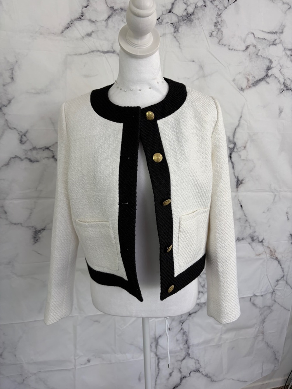 J. Crew Black Trim White Tweed Jacket with Gold Buttons